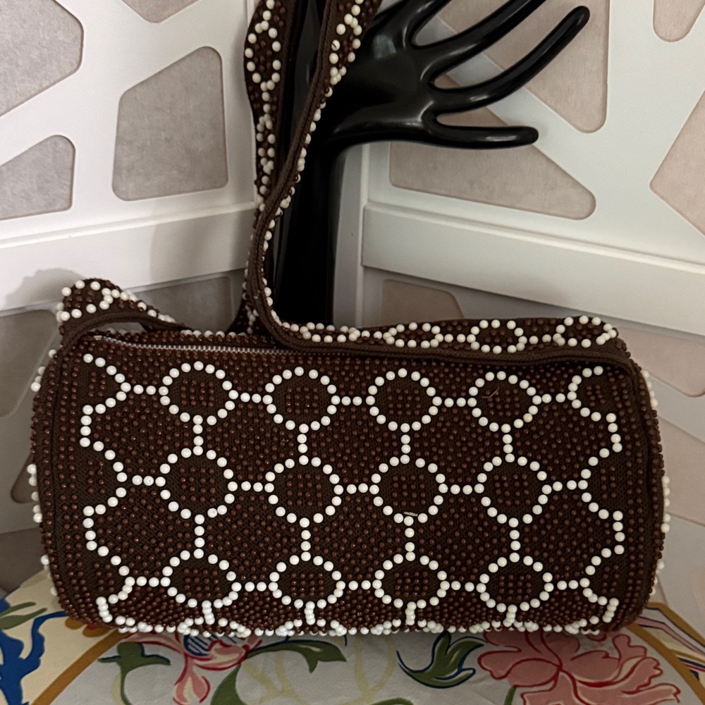 vintage Brown and White Beaded Women's Bag